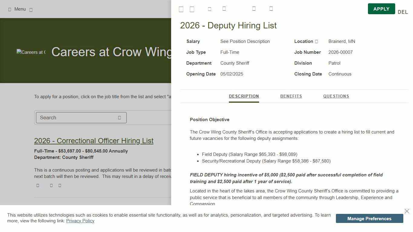 2026 - Deputy Hiring List Job Details tab Career Pages